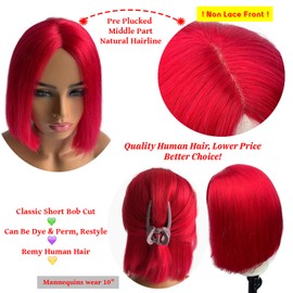 Red Wigs Remy Human Hair Bob Wigs For Women 12 Inch None Lace Front Straight Hair Wigs Full Machine Made Breathable Wig 150% Density Full Head Glueless Bob Wigs