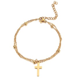 Dainty Gold Beads Chain Cross Bracelet Stainless Steel Rosary Jesus Prayer Crucifix Bracelet Sideways Religious Jewelry for Women-double cross