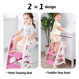Potty Training Seat with Extra Large Pedal, Potty Seat with Super Soft Cushion, Easy Install with Just Coin, Height Adjustable Kids Step Stool with Triangle Stable for Toilet & Kitchen (Pink)