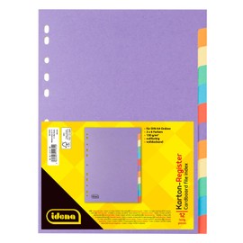 Idena 11131 Cardboard Index for DIN A4 Documents, 22.5 x 30 cm, 12 Full-Colour Dividers in 6 Colours, 150 g/m², Organiser with Euro Holes