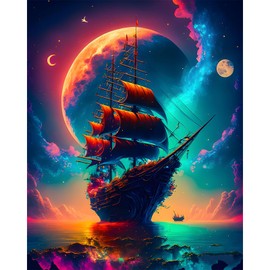 HEIBAGO Colourful Ship Diamond Painting Set, 5D Moon Lake Diamond Painting Pictures for Adults Beginners, Full Drill Diamond Art Landscape Diamond Painting Pictures for Wall Decor 30 x 40 cm