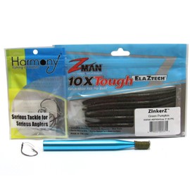 Harmony Fishing Company Wacky Rig Kit - Z-Man ZinkerZ 6pk + Wacky Weedless Hooks 10pk + Wacky Tool w/ 10 Wacky Rings + How to Fish The Wacky Worm Guide (Green Pumpkin)