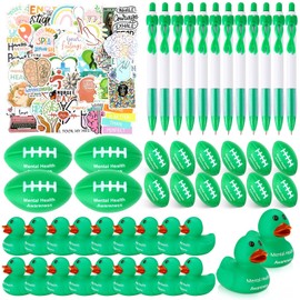Meooeck 198 Pcs Mental Health Awareness Items Include Green Rubber Ducks, Football Stress Balls, Green Ribbon Ballpoint Pens, Mental Health Stickers for Therapist Gift Supporting Minds Stop The Stigma