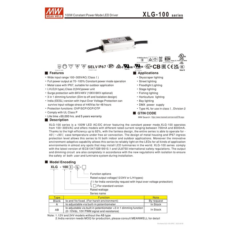 Mean Well XLG-100-H-AB 100W Constant Voltage+Constant Current LED Driver 2100mA