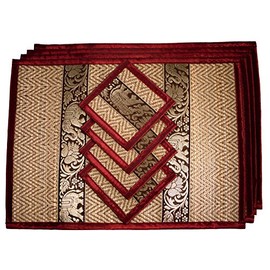 Hand-Woven Wicker Reed Placemats and Coaster Set - Eco-Friendly Alternative to Plastic - Heat Resistant - Thai Style - Durable and Easy to Clean - Perfect for Dining Table Décor - Set of 4 (Medium Burgundy)