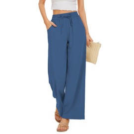 KICZOY Women Summer Pants Flowy Pants Drawstring Waist Wide Leg Palazzo Beach Pants Loose Fit with Pockets Blue