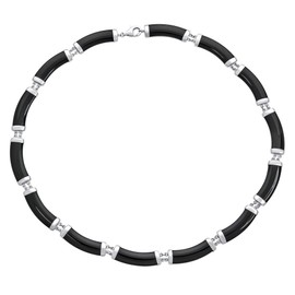 Asian Style Gemstone Black Onyx Strand Contoured Tube Bar Link Collar Necklace For Women .925 Sterling Silver 16 Inch