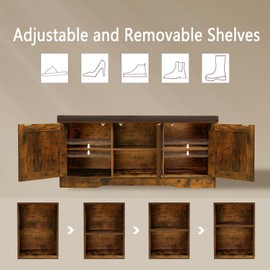 DINZI LVJ Shoe Bench, Entryway Storage Bench with Doors, Cushion, 2-Tier Shoe Rack with 6-Cubby, 39.4”L x 13.8”W Shoe Organizer Cabinet, Adjustable Shelf, Living Room, Bedroom, Rustic Brown