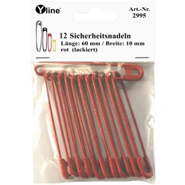 Pack of 12 Maxi Safety Pins 60 mm Large Red (Lacquered/Matte) Needle Needles, 2995