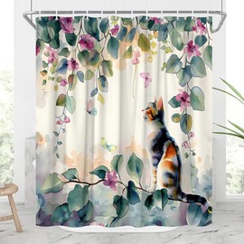 JONSEQIN Plants and Cat Shower Curtain Funny Kitten Farmhouse Animals Rustic Floral Garden Green Eucalyptus Leaves Plants Leaf Flowers Bathroom Decor Curtains 70x70 inch with Hook