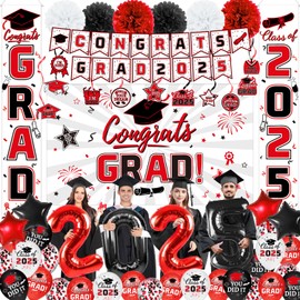 Graduation Decorations Class of 2025 Red and White Graduation Decorations Include Grad Backdrop, Banner, Hanging Swirl, Porch Sign, Balloons, Foil Number 2025 for Congrats Grad Party Supplies