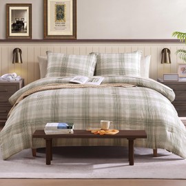 AMBERSPACE Beige Queen Bed Set, Khaki Green Plaid Comforters Queen Size for Boys & Girls,Classic Homestead-Style Queen Size Comforter Sets with Sheets and Comforter Set