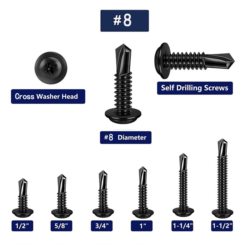 ZAMBASE 100PCS #8x1 Black Crosshead 410 Stainless Steel Self-Drilling Screws