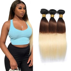 Hxxcoup Sew in Bundles Real Hair Wefts for Sewing Human Hair Bundles Straight 1B4613 Ombre Blonde Double Weft Extensions 14 16 18 Inches with Minimal Smell Minimal Tangle 100 g/pc for Women