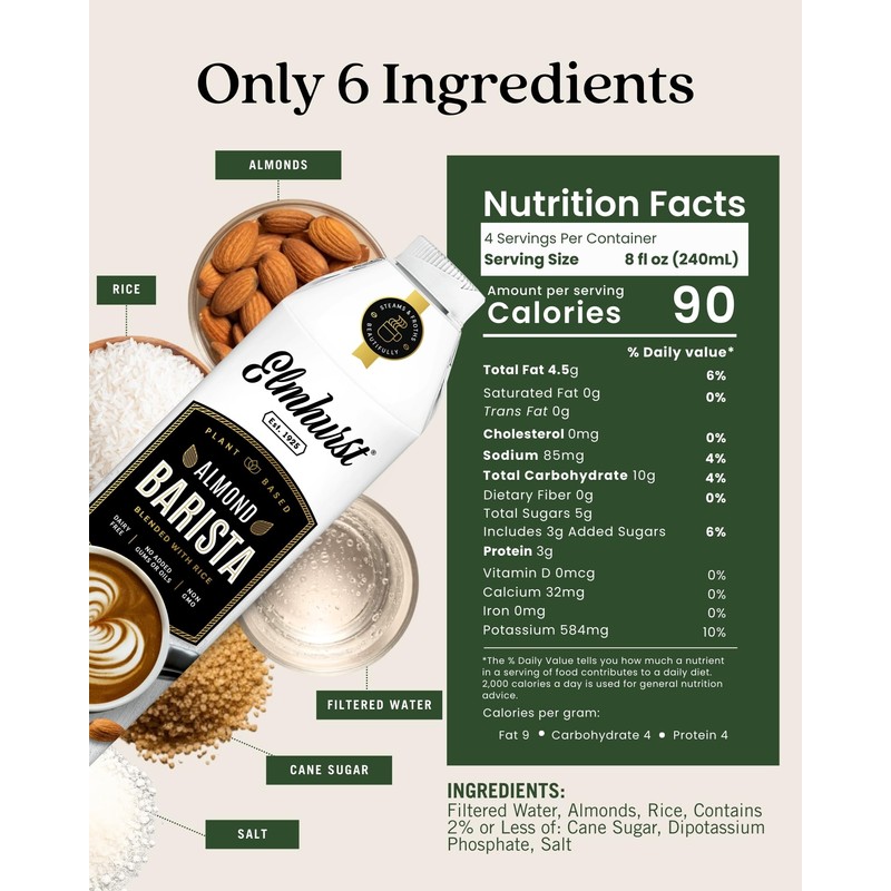 Elmhurst 1925 Almond Milk Barista Edition – 32oz (6-Pack) Plant-Based,