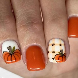 Fall Press on Nails Short Square Fake Nails with Designs Pumpkin Stick on Nail French Acrylic False Nail Thanksgiving Artificial Nail Press ons Glossy Full Cover Glue on Nails for Women