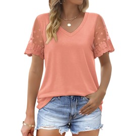 OFEEFAN Womens Spring Fashion 2025 T Shirt Dressy Casual Cute Top Basic Tee Shirts Cozy Coral L