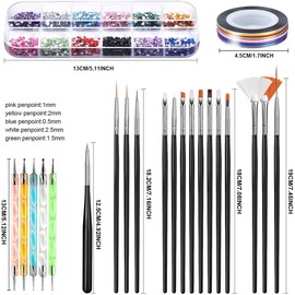 Nail Art Brush, 3D Nail Art Decorations Kit with Nail Pen Designer Dotting Tools Colors Holographic Butterfly Nail Glitter Foil Flakes Nail Tape Strips and Multi-Color Nails Rhinestones (A)