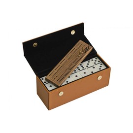 Alex Cramer Domino Set with Caramel Colored Leather Case - Professional Tournament Traveler - No Spinners Domino Set - 28 Indestructible Double Six Dominoes