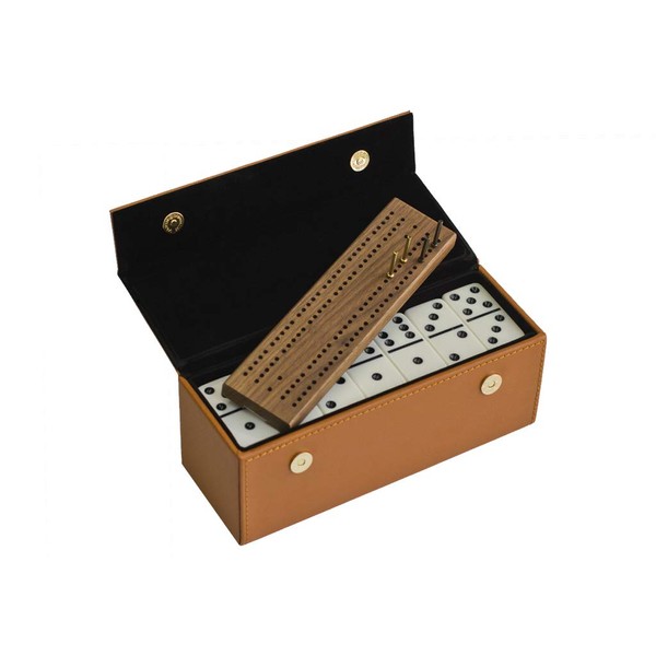 Alex Cramer Domino Set with Caramel Colored Leather Case - Professional Tournament Traveler - No Spinners Domino Set - 28 Indestructible Double Six Dominoes