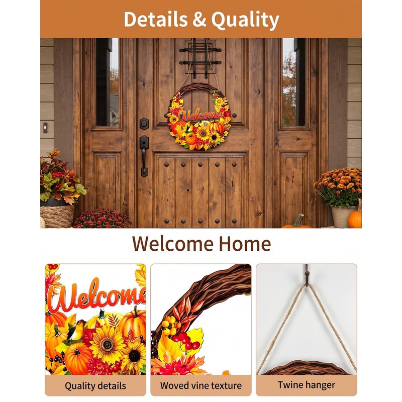Fall Wreath for Front Door, Wooden Pumpkin Maple Leaf Door