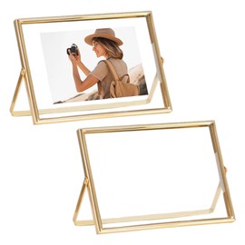 Odowalker 2 Pcs Gold Floating Picture Glass Photo Frame, Glass Gold Home
