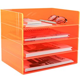 Gelite Acrylic File Organizer for Desk 4 Tiered Stackable Letter Tray Office Paper Storage Desktop Document Sorter, Neon Orange