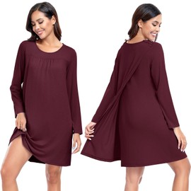 Deyeek Nursing Night Dress for Women Open Back Hospital Gowns for Women With Snaps Soft Adaptive Post Surgery Dress Wine Red