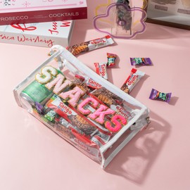 Y1tvei Large Clear SNACKS Pouch - Preppy Patch Rose Red Chenille Varsity Letter PVC Transparent Extra Large Cosmetic Makeup Bag Portable Waterproof Travel Organizer Toiletry Bag for Women(White)