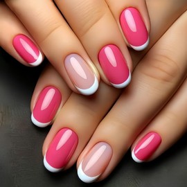 French Tip Press on Nails Medium Almond Fake Nails Pink Acrylic Stick on Nails Glossy Glue on Nails Cute False Nails Full Cover Artificial Press on Nails Reusable Nails Kit for Women Girls 24Pcs