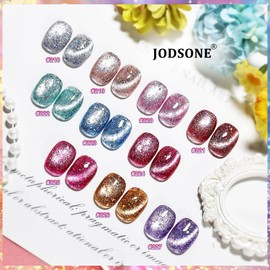 JODSONE 12 Bottles Glitter Cat Eye Gel Nail Polish Set (with Base Coat &Top Coat & Magnet Stick) Sparkling Stunning Fashion