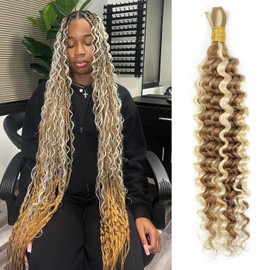Syrenlore Highlighted Multi-Blonde Braiding Human Hair for Boho Knotless Braids, Ombre 27/613 Curly Braiding Hair Deep Wave Human Hair Bulk, No Weft Blonde Extensions 20 Inch 100G FULL BULK