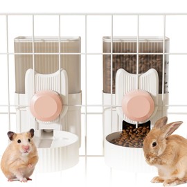Hanging Automatic Rabbit Feeder and Water Dispenser Set, Gravity Rabbit Feeder Waterer for Cage, Small Animal Hanging Bottle Bowl Set, Food Water Dispenser for Cat Dog Bunny Guinea (Pink)
