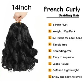 Datanala French Curl Braiding Hair 14 Inch 8 Pack/Lot Loose Wavy Spiral Curl Braids Crochet Hair Deep Wave Synthetic Extensions Pre Stretched Bouncy Braiding Hair (14 inch, 1B)