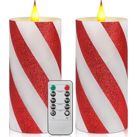 Retisee 2 Velas sin Llama con Forma de Bastón de Caramelo Velas LED Parpadeantes a Rayas de Cera Auténtica con Temporizador Remoto a Pilas Velas Falsas con Rayas Anchas y Purpurina(3" x 6",Rojo)