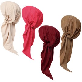 Lucky staryuan ® 4Pack Women Head Scarf Pre-Tied Head Scarves Sleep Turban Hat Beanie Scarf Headwear(US, Numeric, 6 3/4, 7 1/4, Beige Rose Red Khaki Wine Red)
