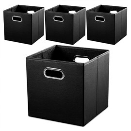PRANDOM Leather Foldable Cube Storage Bins 13x13 inch [4-Pack] Fabric Storage Baskets Cubes Drawer with Cotton Handles Organizer for Shelves Nursery Closet Bedroom Clothes Black