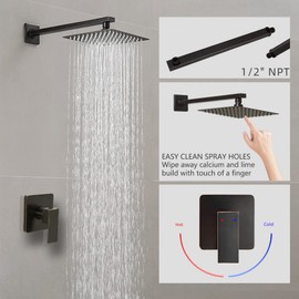 Heable Oil Rubbed Bronze Shower Faucet Set, Single Function Shower Trim Kit with Rough-in Valve, Square Rain Shower Head System Included Extra Long Shower Arm for Bathroom