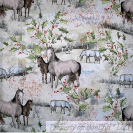 Signature BonEful Fabric FQ Cotton Quilt White Snow Scenic Farm Horse Red Holly Berry Leaf