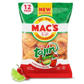 Mac's Tajin Chili Lime Fried Pork Skins - Tajin Chili Lime Flavored Chicharrones Pork Rinds - Low Carb, Gluten-Free, Keto-Friendly Snack- 3oz (12-Pack)