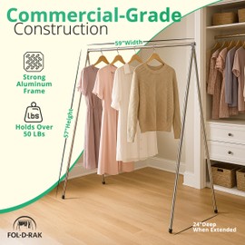 FOL-D-RAK Fully Assembled Lightweight Clothing Rack with Carry Bag. 59" Length Made from Commercial Grade Aluminum. Can Hold Over 50 LBS. Weighs 4 LBS.