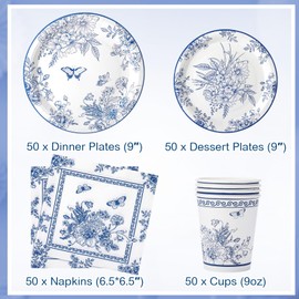 Pickmesh 250 Pcs Blue Floral Party Disposable Tableware Set Paper Plates and Napkins Cups Supplies Tea Party Theme Dinner Dinnerware for Birthday Bridal Baby Shower wedding Decoration Serves 50
