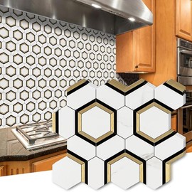 STICKGOO 10Pcs Hexagon Waterproof Peel and Stick Backsplash, Wall Decor, Kitchen Backsplash, Stick on Backsplash Mosaic Tile for Bathroom/Fireplace/RV - Color: Black