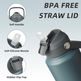 BJPKPK Water Bottle with Straw Lid, 32oz Vacuum Insulated Water Bottles, Metal Stainless Steel Water Bottles for Sports, Travel, BPA Free Leak Proof Thermos, Cups, Flasks, Tumblers, Grey