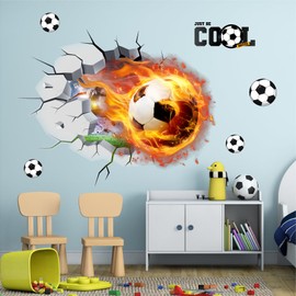 Football Wall Stickers Football Wall Decals for Boys Bedroom Decor 3D Broken Wall Decal Peel and Stick Soccer Player Wall Stickers Sports Wall Art Murals Vinyls Decals for Teenager Room Playroom Decor