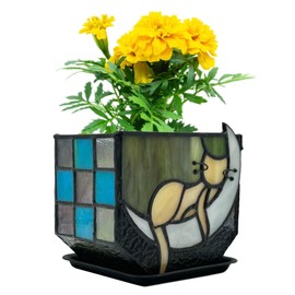 Tiffany Stained Glass Fun Moon Sleeping Cat Planter，Orange Sleeping Cat Cactus Planter，Cute Planters for Indoor Plants,Decorative Dried Flower Pots,As Gifts for Cat Lovers,4.6x3x5.15 in