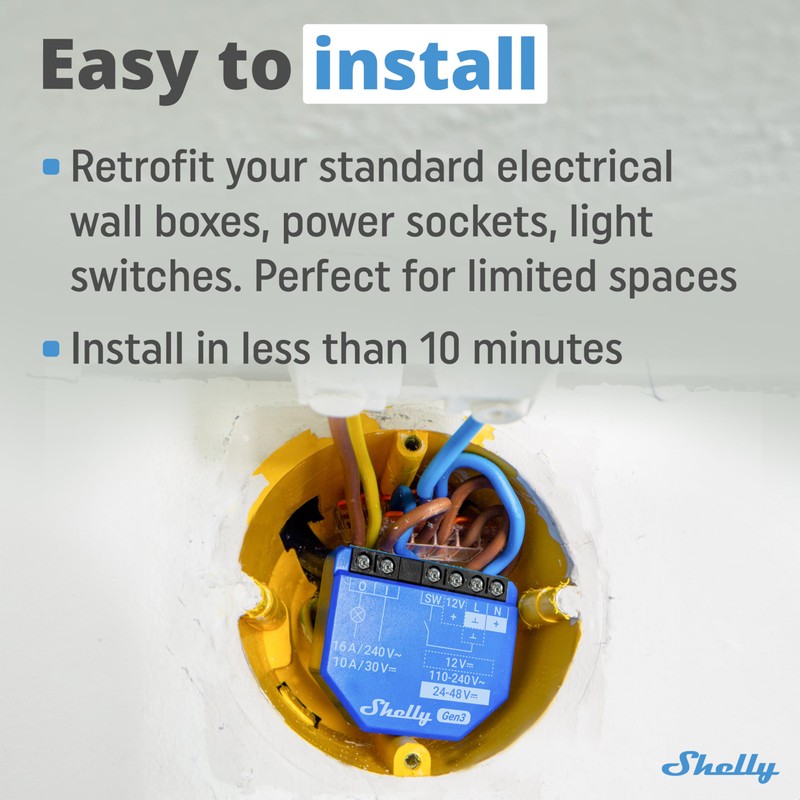 Shelly 1 Gen3, WiFi Smart Relay Switch with Dry Contacts,