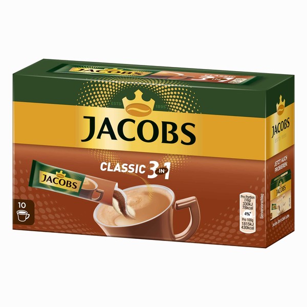 Jacobs 3in1 Classic Instant Coffee Sticks, 10 Single Servings (Pack of 1)