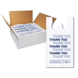 Bagtron Thank You T-Shirt Carry-Out Bags, Disposable Plastic Bags with Handles for Shopping and Restaurant, 1/5 Barrel, 0.75 Mils, White/Blue, 13" x 8" x 23" Large, 500 Count