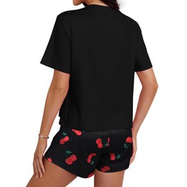 Hilinker Womens Cute Graphic 2 Piece Pajamas Short Sleeve Top with Shorts Loung Set Black Red Cherry Small